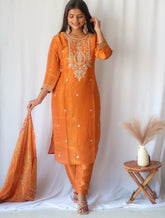 Rust Zariwork Soft Tissue Shimmer Suit Set (Slim Fit) - Diwali Drop 2.0